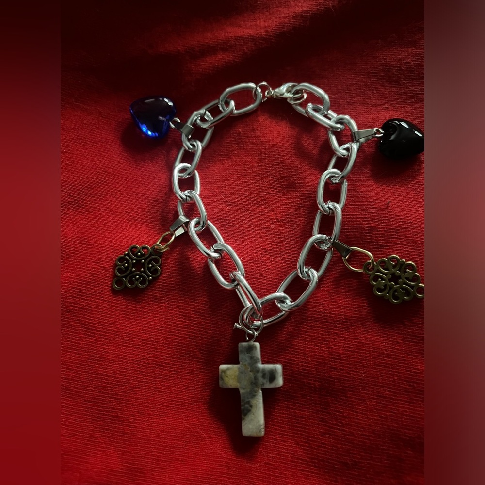 Hand Crafted Silver Plated Charm w Natural Stone Cross Bracelet Hand Made